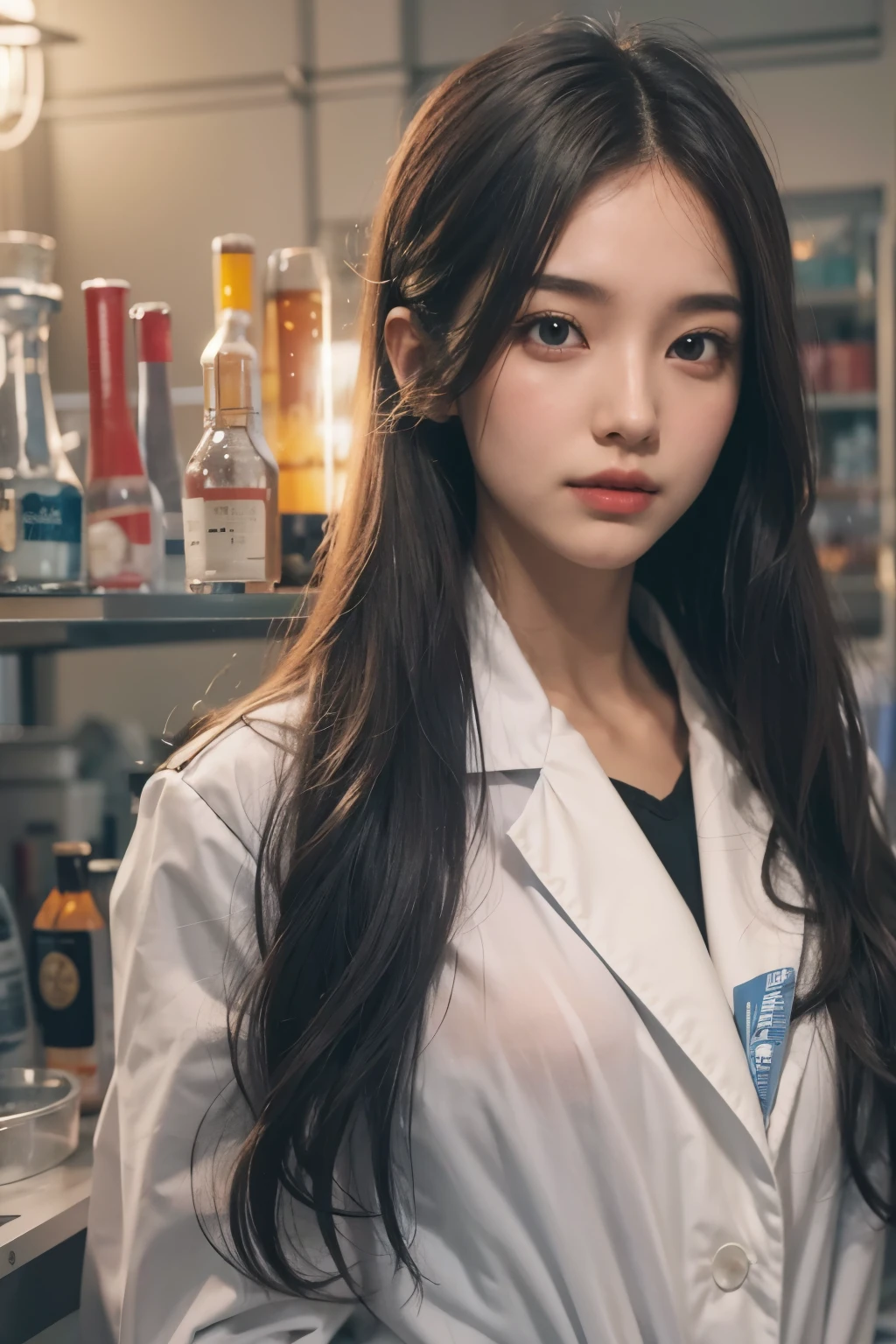 Araped woman in white lab coat in chemistry lab, long straight hair, Cerveza Soft Devil Queen Madison, Violet Myers, No makeup, wavy hair, without makeup, portrait of a girl, Profile picture, Use Instagram Filters, Subtle soft and dim light, flask. chemicals, perfect face, korean beauty,