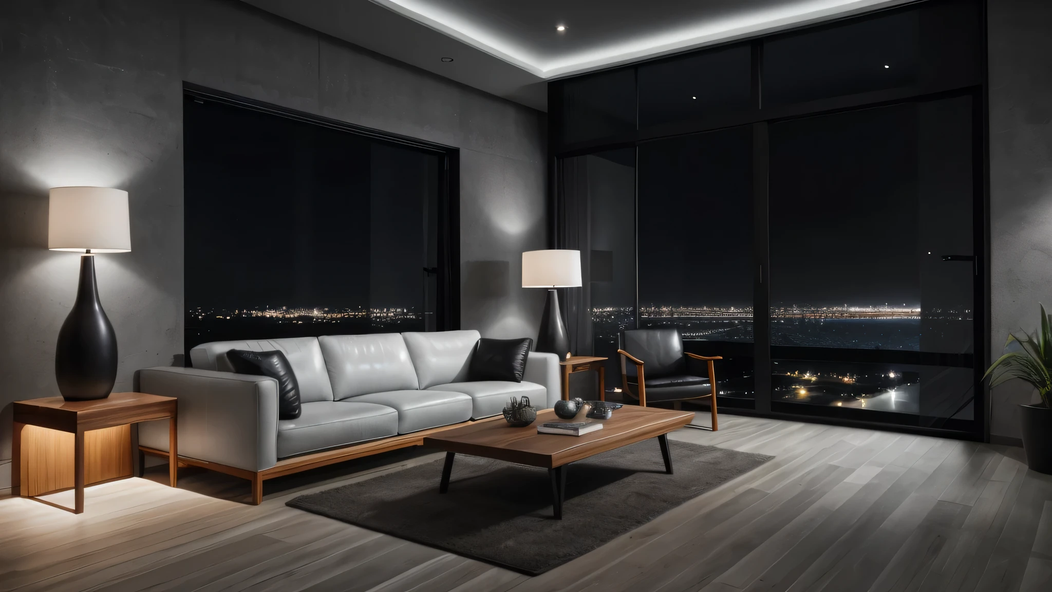 Living room, leather sofa, timber coffee table, black alumium windows, clear glazing ,distance sea view at night time ,grey wall, timber floor, white ceiling, (night time:1.4)