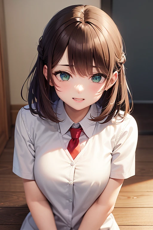 masterpiece, highest quality, best quality, 1girl, solo, looking at viewer, , tezuka rin, (armless amputee:1.2), brown hair, collar, collared shirt, (double amputee:1.2), green eyes, katawa shoujo, red necktie, shirt, short hair, solo, white shirt,  lozhkin, grin, accurate teeth with gaps 