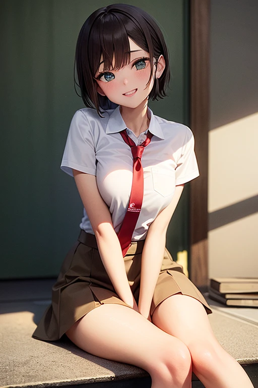 masterpiece, highest quality, best quality, 1girl, solo, looking at viewer, , tezuka rin, (armless amputee:1.2), brown hair, collar, collared shirt, (double amputee:1.2), green eyes, katawa shoujo, red necktie, shirt, short hair, solo, white shirt, lozhkin, grin, accurate teeth with gaps