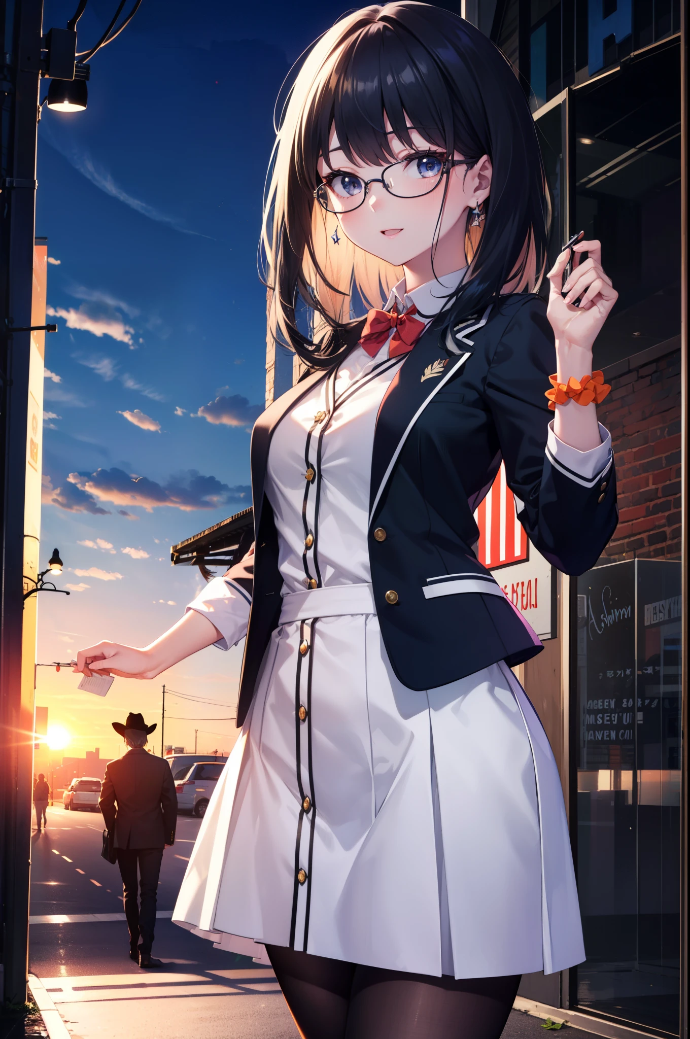Rikka body, rikka takarada, Black Hair, blue eyes, Long Hair, happy smile, smile, Open your mouth,orange Scrunchie, Scrunchie, wrist Scrunchie,OL, Akagi glasses, black suit jacket, Collared jacket, White dress shirt, Collared shirt, Neckline, button, Black pencil skirt, Black pantyhose,Stiletto heels,evening,sunset,The sun is setting,walking,So that the whole body goes into the illustration,
break outdoors,In town,Building district,シティストリート
break looking at viewer, (Cowboy Shot:1.5),
break (masterpiece:1.2), highest quality, High resolution, unity 8k wallpaper, (figure:0.8), (Beautiful fine details:1.6), Highly detailed face, Perfect lighting, Highly detailed CG, (Perfect hands, Perfect Anatomy),