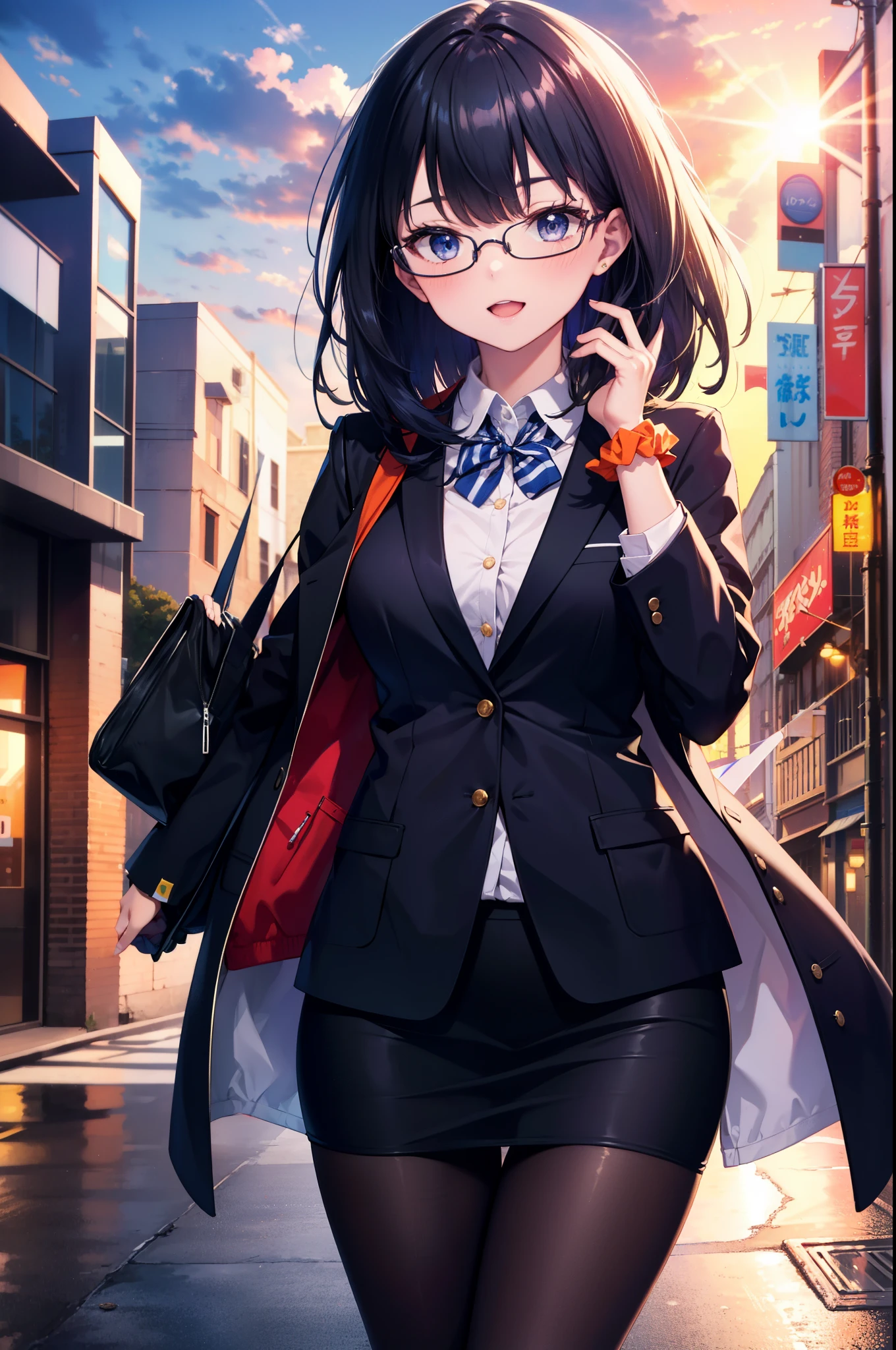 Rikka body, rikka takarada, Black Hair, blue eyes, Long Hair, happy smile, smile, Open your mouth,orange Scrunchie, Scrunchie, wrist Scrunchie,OL, Akagi glasses,  black suit jacket, Collared jacket, White dress shirt, Collared shirt, Neckline, button, Black pencil skirt, Black pantyhose,Stiletto heels,evening,sunset,The sun is setting,walking,So that the whole body goes into the illustration,
break outdoors,In town,Building district,シティストリート
break looking at viewer, (Cowboy Shot:1.5),
break (masterpiece:1.2), highest quality, High resolution, unity 8k wallpaper, (figure:0.8), (Beautiful fine details:1.6), Highly detailed face, Perfect lighting, Highly detailed CG, (Perfect hands, Perfect Anatomy),