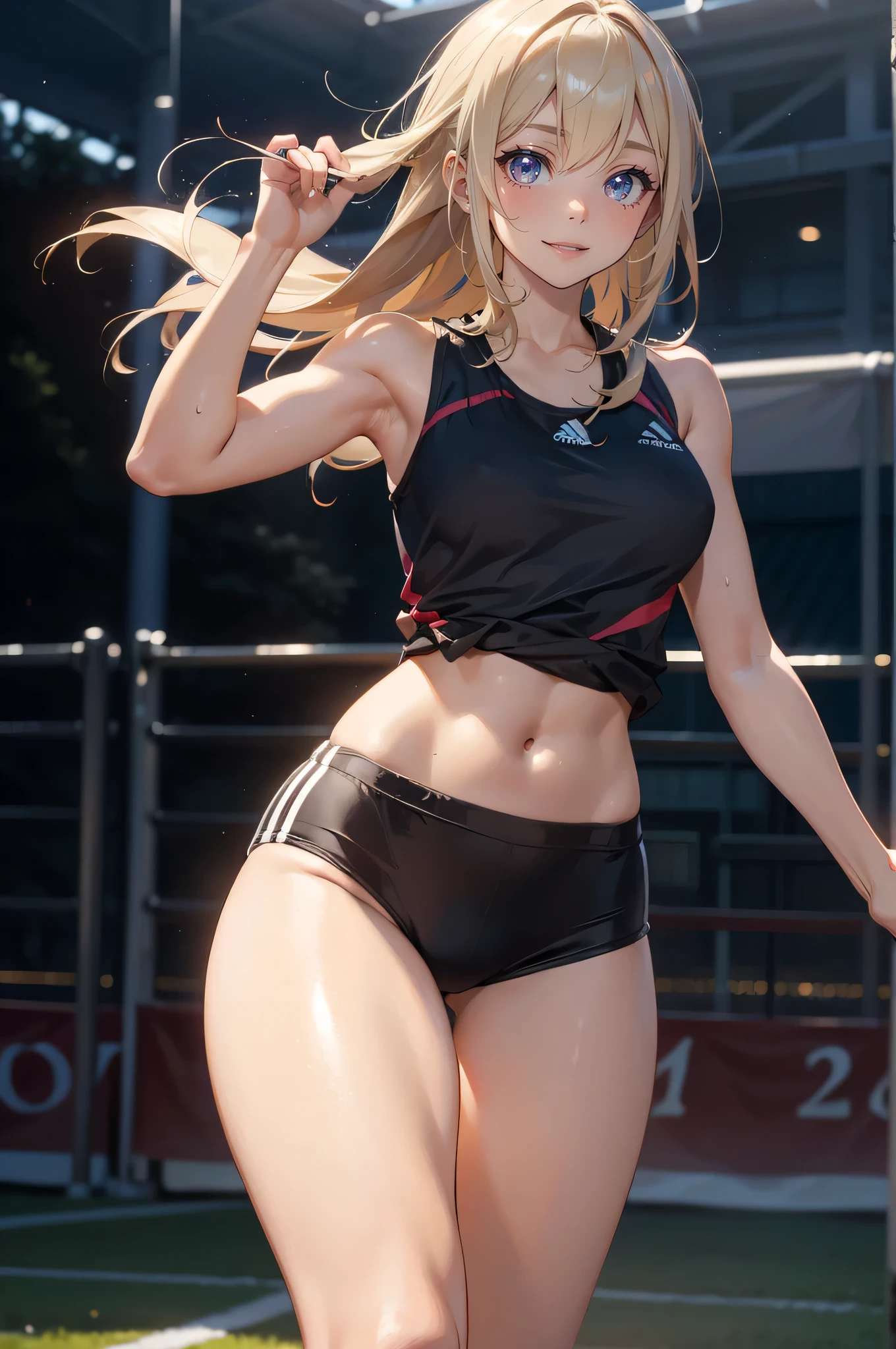 realisticlying,extremely detailed CG、high resolution、absurderes:1.8、detailed background:1.3、beautiful detailed hair、detailed eyes、、、、、、 1 girl, track and field player, shiny skin、beautiful body、 ((buruma、 sleeveless track and field Tank top、attractive thighs、light smile、))、(track and field cort)