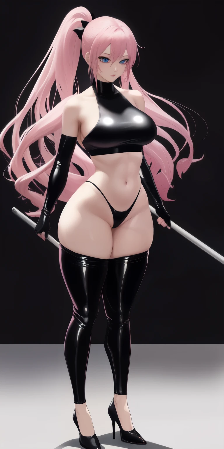 Beautiful woman,1个Giant Breast Girl,pink haired woman,Fighting posture,black pantyhoses,black glove,Sports bra,jewely,shorter pants,J thighs。Pink hair,drill bit,Asymmetrical hair,Wear gold and silver(work of art), (masterpiece), (best quality), a, (blue eyes), wearing nothing, brightly lit night city background, red bow, flowing hair , butts , full figure head to toes , standing beside poles ,, beautiful cute smile, wearing black leather shoes, heels shoes pink black color