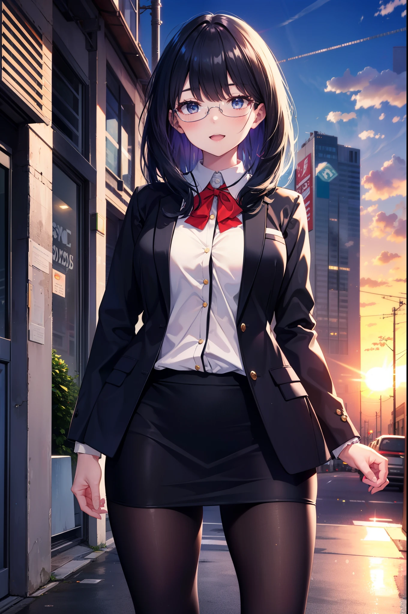Rikka body, rikka takarada, Black Hair, blue eyes, Long Hair, happy smile, smile, Open your mouth,orange Scrunchie, Scrunchie, wrist Scrunchie,OL, Akagi glasses, black suit jacket, Collared jacket, White dress shirt, Collared shirt, Neckline, button, Black pencil skirt, Black pantyhose,Stiletto heels,evening,sunset,The sun is setting,walking,So that the whole body goes into the illustration,
break outdoors,In town,Building district,シティストリート
break looking at viewer, (Cowboy Shot:1.5),
break (masterpiece:1.2), highest quality, High resolution, unity 8k wallpaper, (figure:0.8), (Beautiful fine details:1.6), Highly detailed face, Perfect lighting, Highly detailed CG, (Perfect hands, Perfect Anatomy),