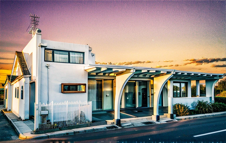 , The house is made from white walls and some walls are painted bright blue)), beautyful light, beautyfulday, sunny, Many grass bougainvilleas along the road:1.3, lovely youthful feeling :1.2, sunlight at 12 noon, Very beautiful shadows