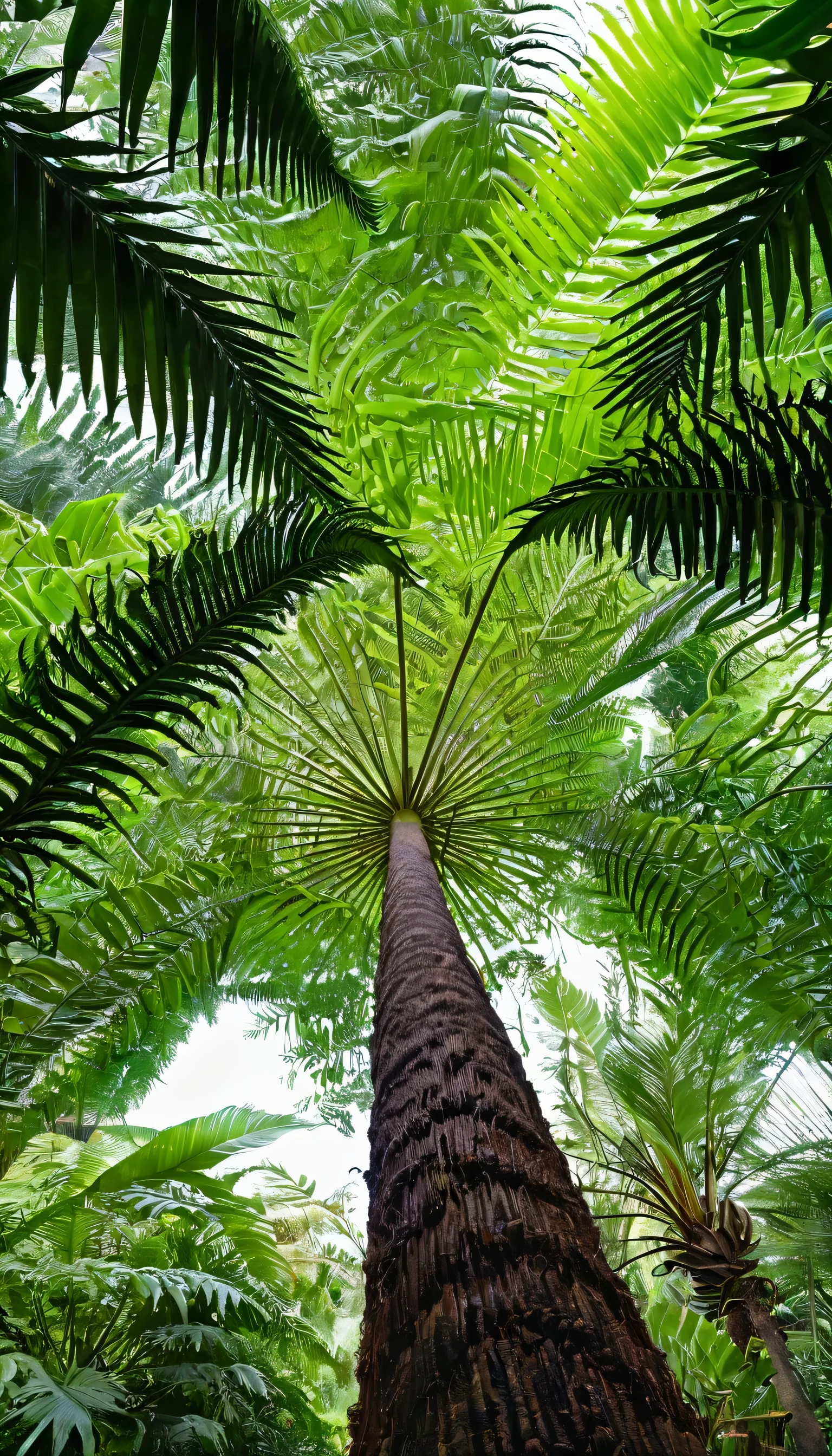 a view of a tall tree with a bunch of leaves, tawa trees, view from below, tree ferns, blessing palms, the palms come from the ground, as seen from the canopy, tropical trees, view from bottom, view from bottom to top, in a tropical forest, tropical forest, cabbage trees, tall large trees, overgrown with huge ferns