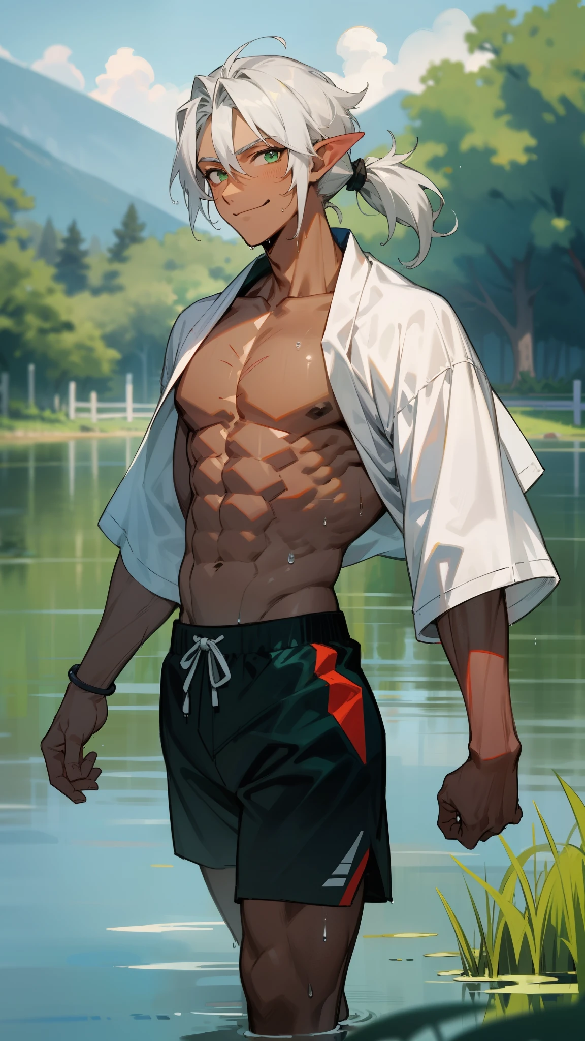 1 person,male face,Mature,30 years old,((dark skin)), Gray hair,samurai hair,Pointed ears,muscle,High, Green Eyes, Smile, Lake with forest in the background,Athlete's physique, male, Rainbow-colored skin, flat chest,(Sexy),Black sports shorts,prince,There is a group of green orcs in the background,Take a walk away from the lake, wet,masterpiece,HD,4K
