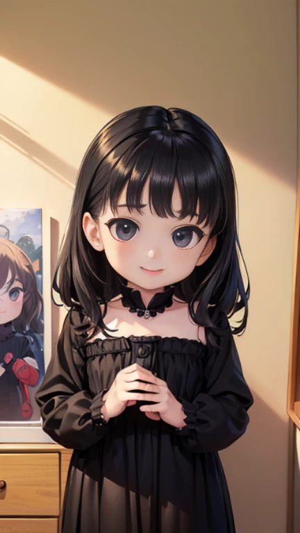 ((masterpiece)),((highest quality)),((Anatomical)),((Realistic)),((Detailed Description)),((cute)),((((Children's room)))),(((1 kindergartener))),((Beautiful Eyes)),((Baby Face)),((Petite)),((Bewitching Smile)),(((black mourning clothes))),