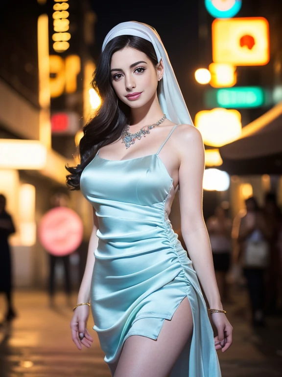 8k, masterpiece, RAW photo, best quality, photorealistic, highly detailed CG unity 8k wallpaper, Depth of field, Cinematic Light, Lens Flare, Ray tracing, (very beautiful face, beautiful lips, beautiful eyes), intricate details of the face, ( (very detailed skin)) beautiful Anne Hathaway in hijab, sexy body ((looking at the audience)), (wide smile: 1.3), (fashion city night, dark night, ( neon signs), (blurred background), fashion street night), (no people in the background: 1.3), bracelets, necklaces, stockings, clear eyes, walking, (pale skin), (big eyes), facing forward, (full body photo), ((pastel silk dress:1.3)), ((tight dress)), ((strap dress)) , (looking at the audience:1.3) exposed breasts, very sexy, big breasts,close up, front eyebrows ,(tight dress), thick thighs