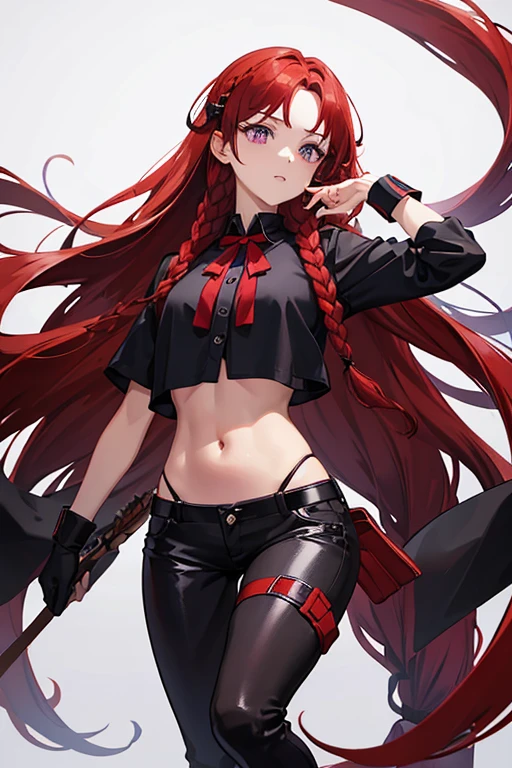 woman with long red hair in a braid, black head bow, purple eyes, red short shirt showing stomach, black gloves, black boots, red pants