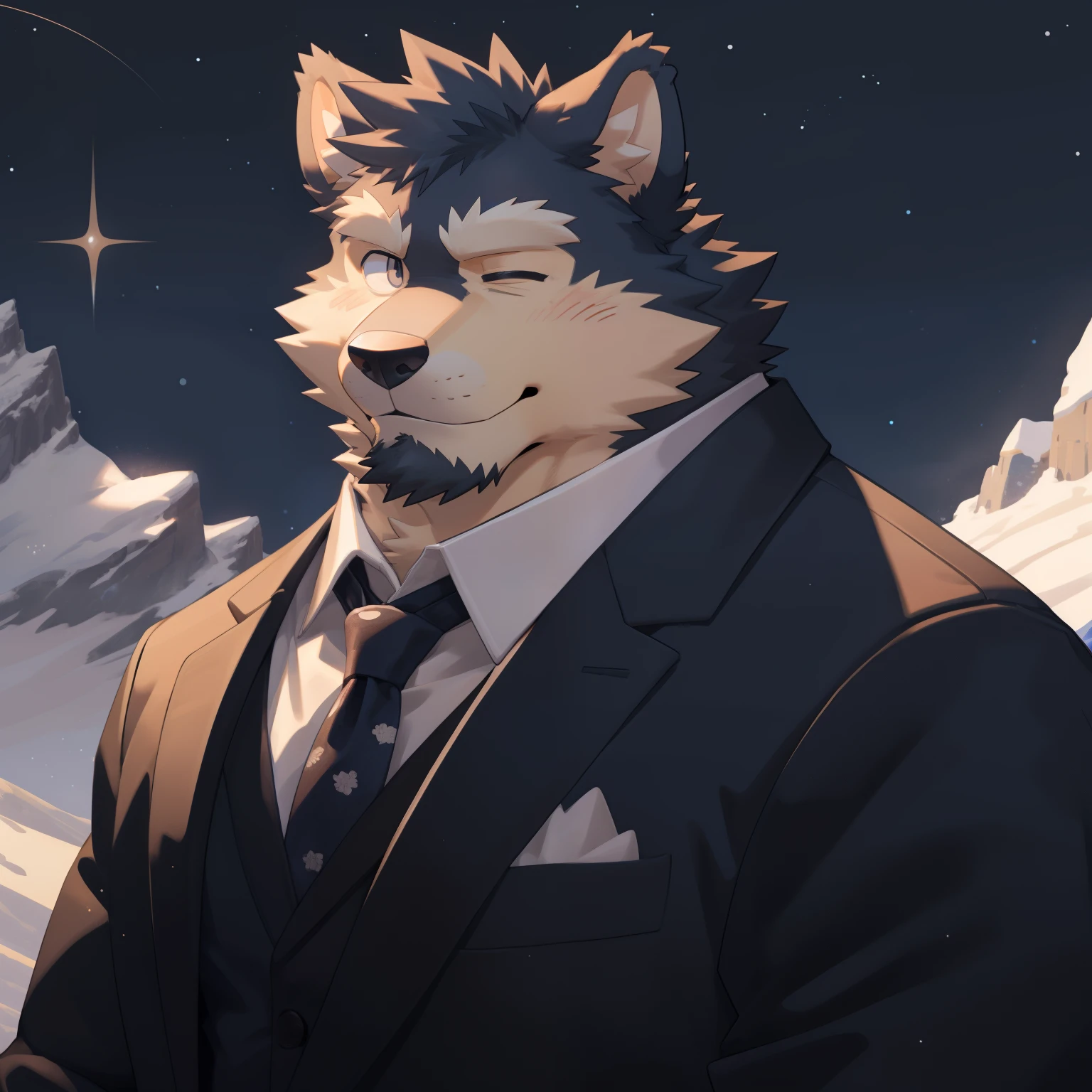 Scribble 德国牧羊dog face,Cute face,Humanity(dog),(Suit:1.3),Chubby,(white eyebrows:1.1),（With one eye closed:1.2）,(perfect black eyes), Starry sky background,mountain peak,print style。（Artist:Takemoto Arashi）
