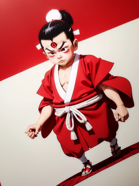 In the Kabuki recruiting book、Kumatori on the face(Draw a red line on a white background)Sukeroku stepping on six directionale 、Kabuki stage、Bright lighting