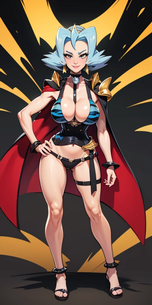 ((Clair)), pokemon, ((BLACK BACKGROUND 1:2, masterpiece)) 1solo female full body MILF BIMBO standing straight symmetrical with two long thighs and two metal sandals, red eyes like rubies, eye focus looking to the viewer, silver white hair, short bob style hair, big knockers breastplate, breastplate, cleavage, tiara royal, long cape up to two feet, yellow bikini (yellow tiger stripes), lustful smirking smiling, smile face (red blushed, red cheeks), pauldrons metal shoulders, gold sleeveless bracelets, separate sleeves, hands on waist hands OR hips, golden bracers, metal handcuffs, leather corset, red loincloth, black leather choker slave collar, shackles bracelets, slave red crest under navel, navel, big belt around waist OR hips, feet together, metal ankle, two long thighs and two metal sandals