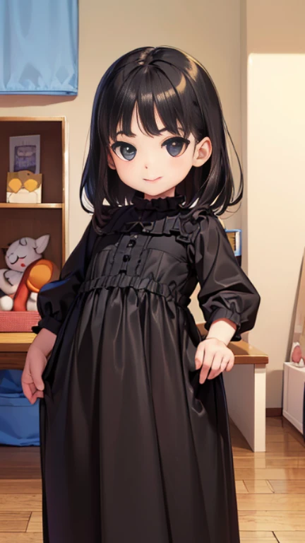 ((masterpiece)),((highest quality)),((Anatomical)),((Realistic)),((Detailed Description)),((cute)),((((Cute kids room for girls)))),(((1 kindergartener))),((Beautiful Eyes)),((Baby Face)),((Petite)),((Bewitching Smile)),(((black mourning clothes))),((Black tights)),