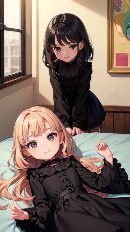 ((masterpiece)),((highest quality)),((Anatomical)),((Realistic)),((Detailed Description)),((cute)),((((cute children's room)))),(((1 kindergartener))),((Beautiful Eyes)),((Baby Face)),((Petite)),((Bewitching Smile)),(((black mourning clothes))),