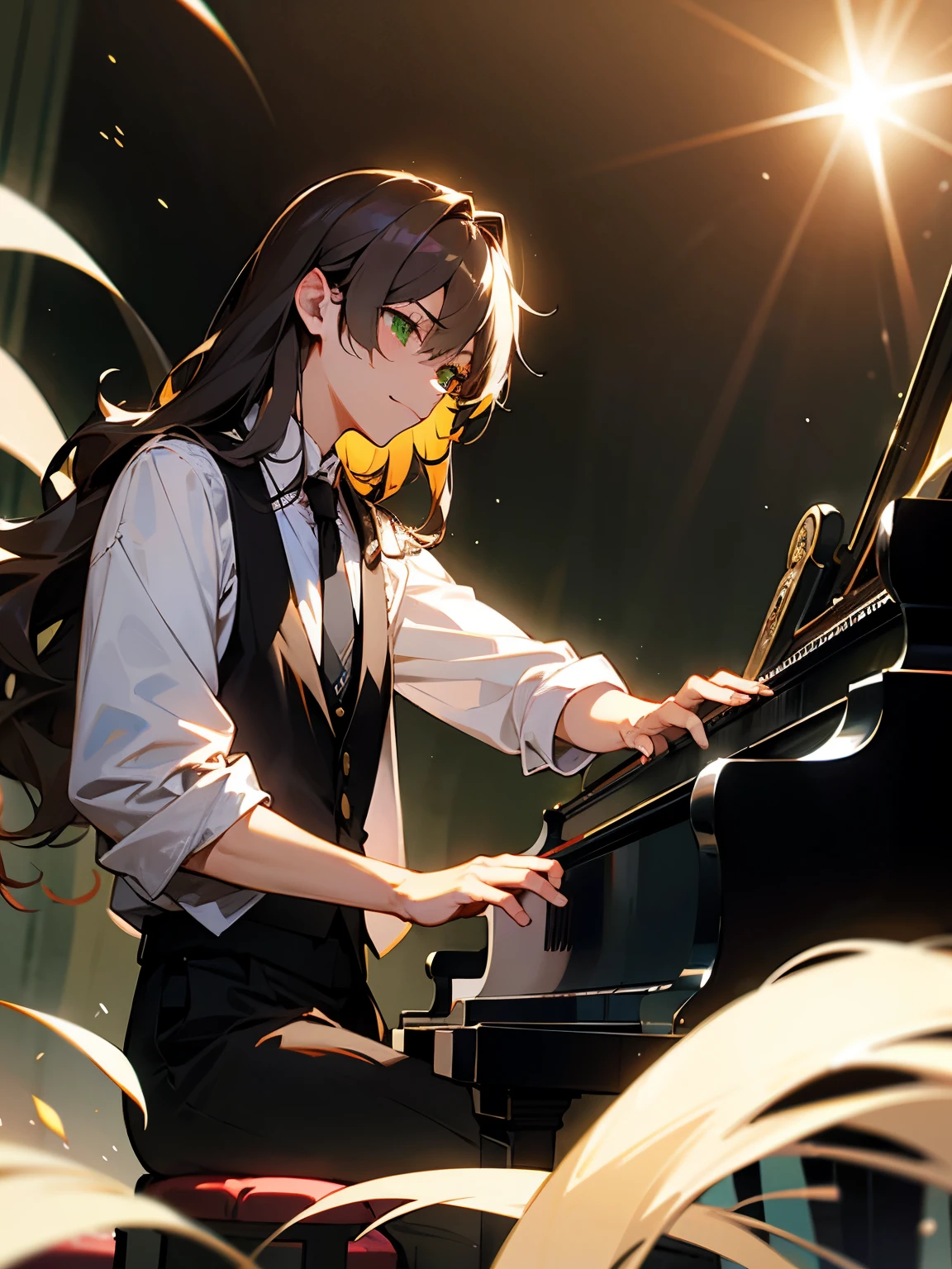 On stage,The lights are dimming,A beam of light slowly focused on the black solemn grand piano and Ethan。he((Brown wavy medium-length hair))Like a waterfall hanging on my shoulders,Green eyes are smart and deep,Eastern European style face with youthful smile。he身着的黑色西装,The silver tie pin gleams in the light,Like the brightest star in the night sky。A bow,Ethan shows off his calm elegance,This is not only a respect for the audience,It is also the confidence in my own music