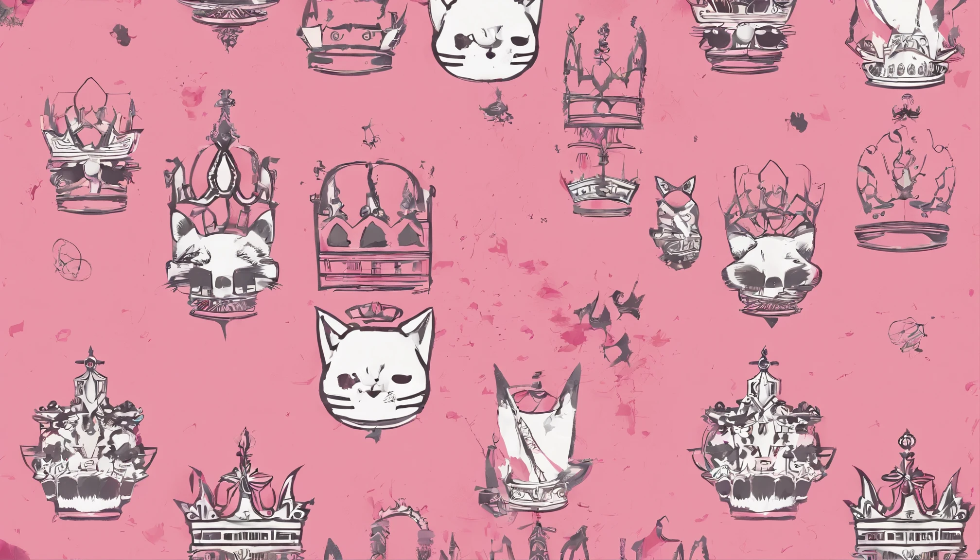 Luxury goods pattern，Simple repetition，grid，hexahedron。Four-way continuous；Repeating pattern design，wallpaper；Cute cat head，Water splashing cat head: Paint splashes dripping around cat&#39;s head，cat plush，Super cute，cute，Pink，A golden crown on his head；Suggests movement and creative expression. Veneer design graphics, vector, contour, White background，Watercolor texture.