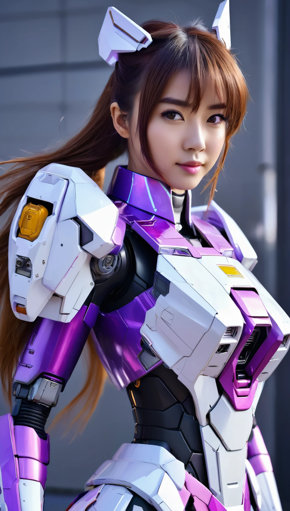 RAW, Masterpiece, Ultra Fine Photo,, Best Quality, Ultra High Resolution, Photorealistic, Sunlight, Full Body Portrait, Stunningly Beautiful,, Dynamic Poses, Delicate Face, wearing a mecha detector glass future transparent neon, Vibrant Eyes, a full body of a woman in a purple and white gundam custume, dybamic pose, pony tail long brown very very long hair rapunzel, girl in mecha cyber armor, portrait armored astronaut girl, d. va from overwatch, female mecha, on a gundam, gundam head, chiho aoshima color scheme, mobile suit, streamlined purple armor, fully robotic!! girl, realistic cosplay, gundam armor (dynamic pose) (best cameraview), full body, sit down, full body