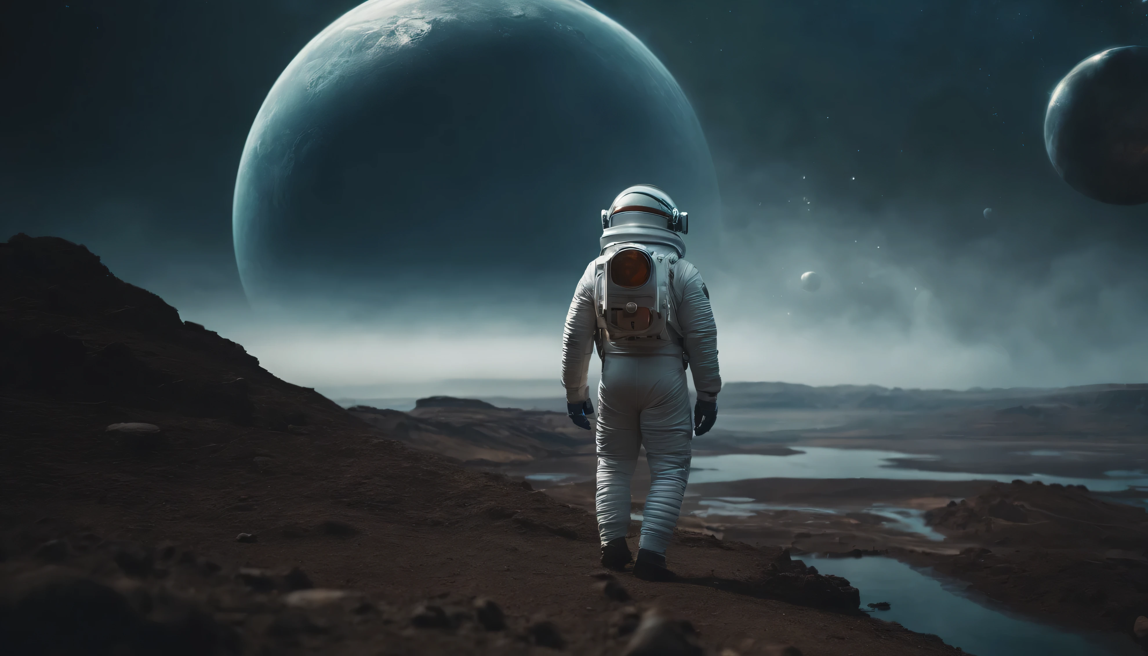 An astronaut walking on a rocky surface with a view of the planets ...