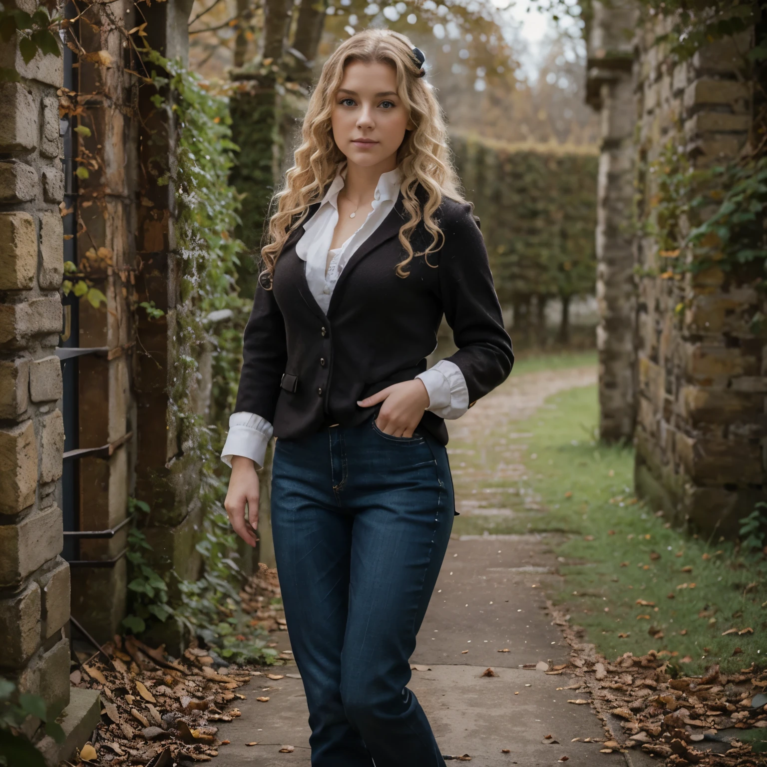 fille blanche, mince, blonde curly hair, grands yeux marrons, pull col roulé noir, blaser vert kaki, jean bleu clair,