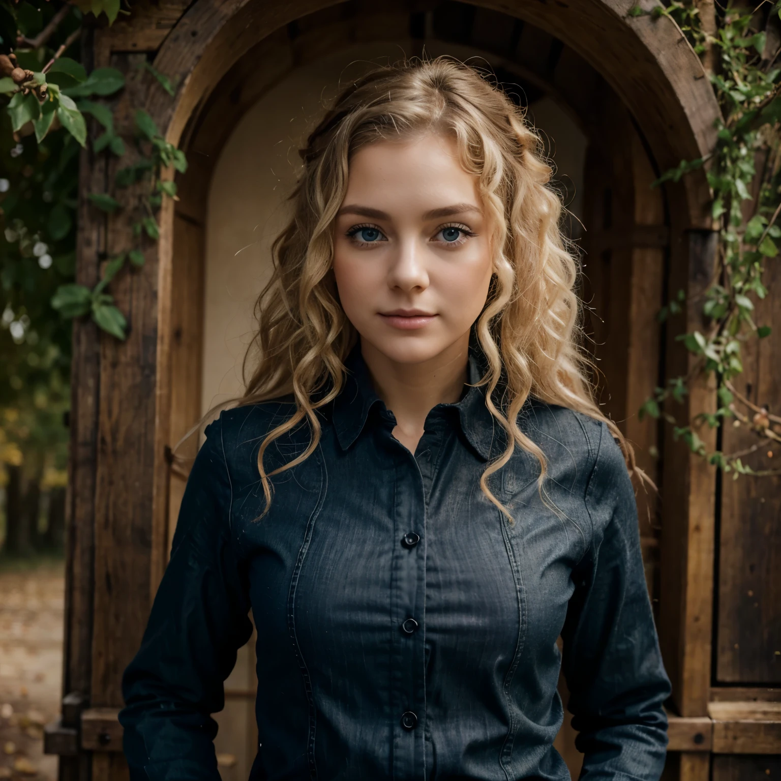  fille blanche, mince, blonde curly hair, grands yeux marrons, pull col roulé ????, blaser vert kaki, jean bleu clair, 