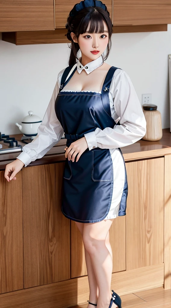 (best quality), 1 girl, ultra-detailed, illustration, yang guifei, standing, (maid:1.4), cleavage, maid apron, high heels