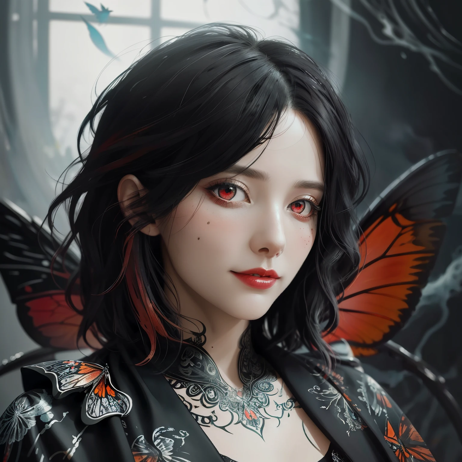 Colorful beautiful woman: Black ink flow: 8k resolution photorealistic masterpiece: by Aaron Horkey and Jeremy Mann: intricately detailed fluid gouache painting: by Jean Baptiste Mongue: calligraphy: acrylic: watercolor art, professional photography, natural lighting, volumetric lighting maximalist photoillustration: by marton bobzert: 8k resolution concept art intricately detailed, complex, elegant, expansive, fantastical, short hair, bloody-red eyes, red eyes, ironic smile, dark butterfly wings