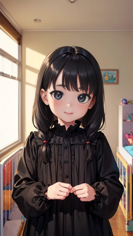 ((masterpiece)),((highest quality)),((Anatomical)),((Realistic)),((Detailed Description)),((cute)),((((cute children's room)))),(((1 kindergartener))),((Beautiful Eyes)),((Baby Face)),((Petite)),((Bewitching Smile)),(((black mourning clothes))),
