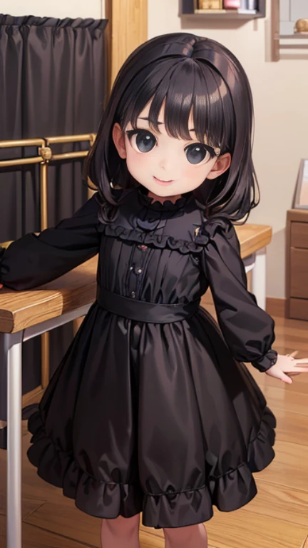 ((masterpiece)),((highest quality)),((Anatomical)),((Realistic)),((Detailed Description)),((cute)),((((cute children's room)))),(((1 kindergartener))),((Beautiful Eyes)),((Baby Face)),((Petite)),((Bewitching Smile)),(((black mourning clothes))),