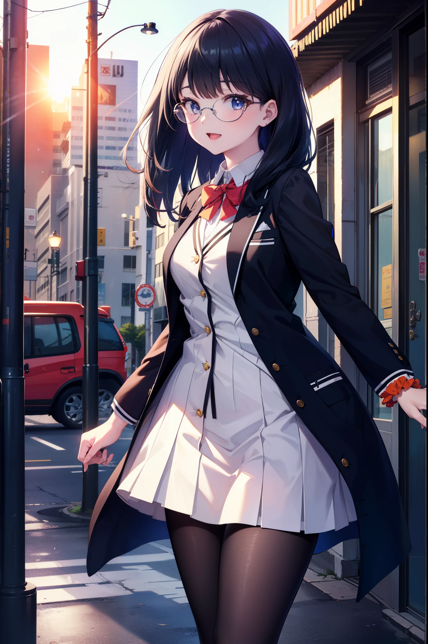 Rikka body, rikka takarada, Black Hair, blue eyes, Long Hair, happy smile, smile, Open your mouth,orange Scrunchie, Scrunchie, wrist Scrunchie,OL, Akagi glasses,  black suit jacket, Collared jacket, White dress shirt, Collared shirt, Neckline, button, Black pencil skirt, Black pantyhose,Stiletto heels,evening,sunset,The sun is setting,walking,So that the whole body goes into the illustration,
break outdoors,In town,Building district,シティストリート
break looking at viewer, (Cowboy Shot:1.5),
break (masterpiece:1.2), highest quality, High resolution, unity 8k wallpaper, (figure:0.8), (Beautiful fine details:1.6), Highly detailed face, Perfect lighting, Highly detailed CG, (Perfect hands, Perfect Anatomy),