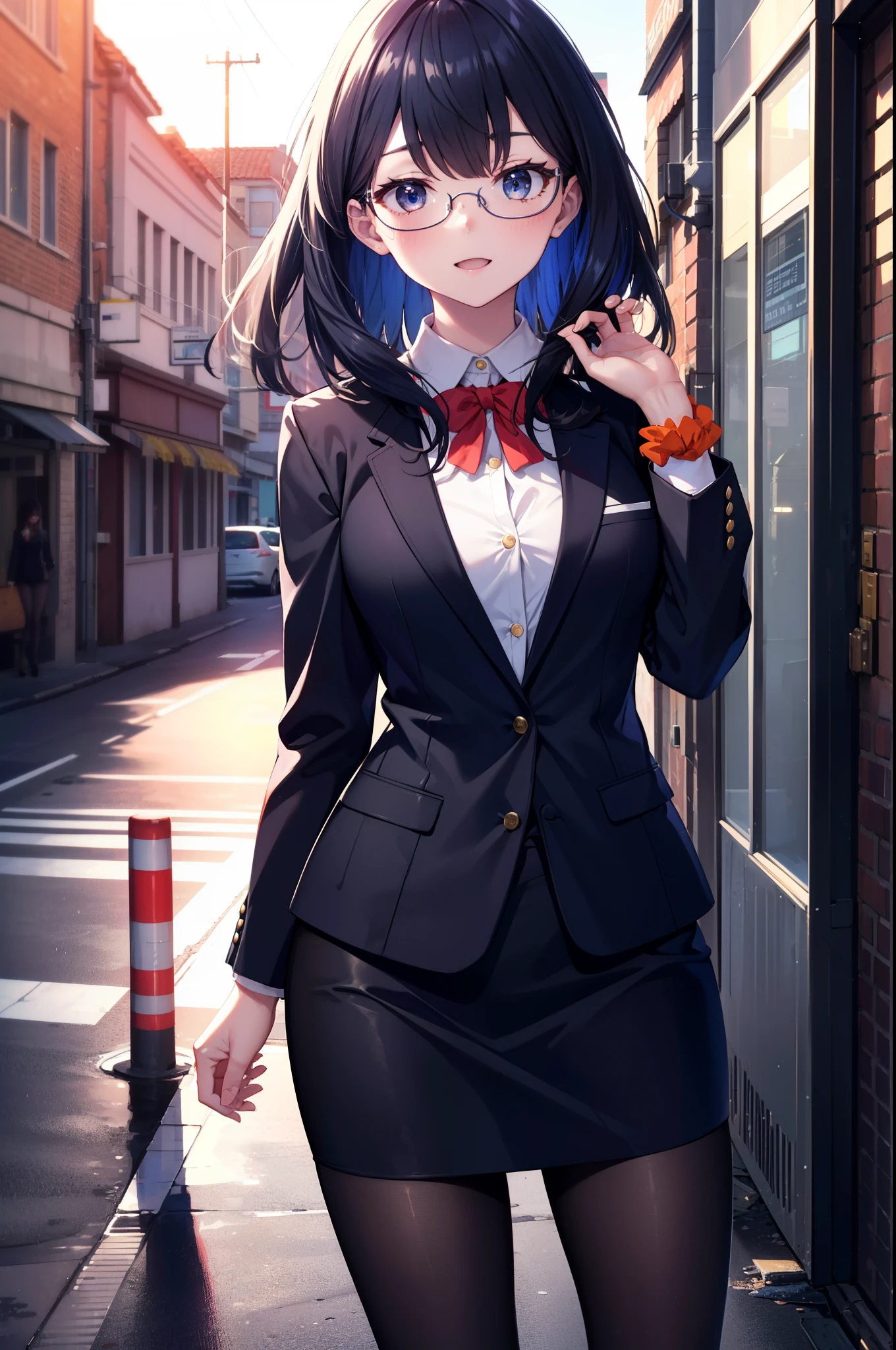 Rikka body, rikka takarada, Black Hair, blue eyes, Long Hair, happy smile, smile, Open your mouth,orange Scrunchie, Scrunchie, wrist Scrunchie,OL, Akagi glasses,  black suit jacket, Collared jacket, White dress shirt, Collared shirt, Neckline, button, Black pencil skirt, Black pantyhose,Stiletto heels,evening,sunset,The sun is setting,walking,So that the whole body goes into the illustration,
break outdoors,In town,Building district,シティストリート
break looking at viewer, (Cowboy Shot:1.5),
break (masterpiece:1.2), highest quality, High resolution, unity 8k wallpaper, (figure:0.8), (Beautiful fine details:1.6), Highly detailed face, Perfect lighting, Highly detailed CG, (Perfect hands, Perfect Anatomy),