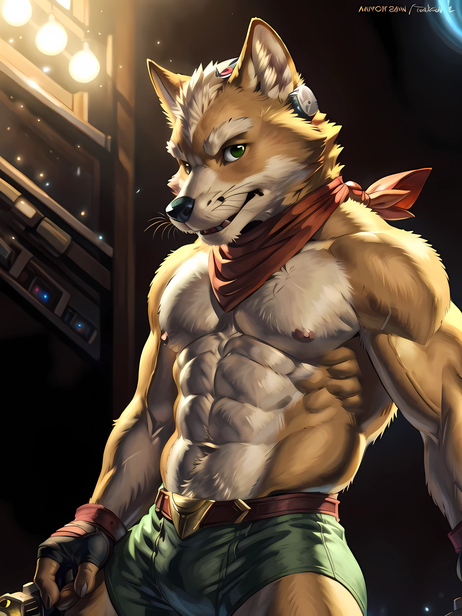 fox mccloud, 4k, high resolution, best quality, detailed, posted on e621, solo, anthro body, male, avarage build, (plain background:1.1), correct anatomy), sexy pose, suggestive, (by wfa, by takemoto arashi, by meesh, by Taran Fiddler), fox tail, detailed eyes, speedos, red scarf, fingerless gloves