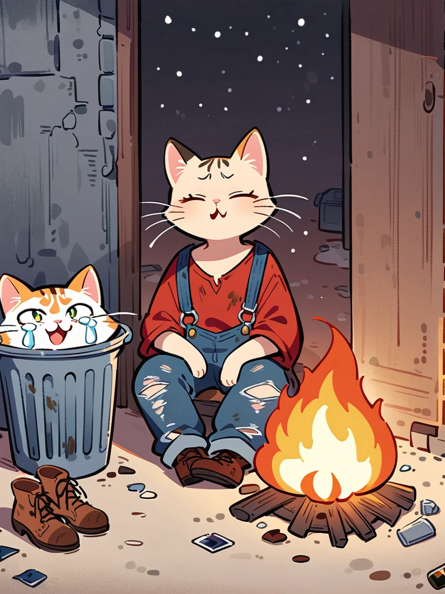 cartoon illustration,Simplicity,Late Night,heavy snow,Stray cats,solo,(Sit in front of a campfire:1.5),dirty,Close your eyes,cry,Listless,Malaise,decadent,Loose-fitting ripped denim overalls,red linen shirt,Worn leather shoes,Carrying a big bag,Next to the trash can on the dark street corner,There is a lot of broken garbage around,dirty的环境,correct human anatomy