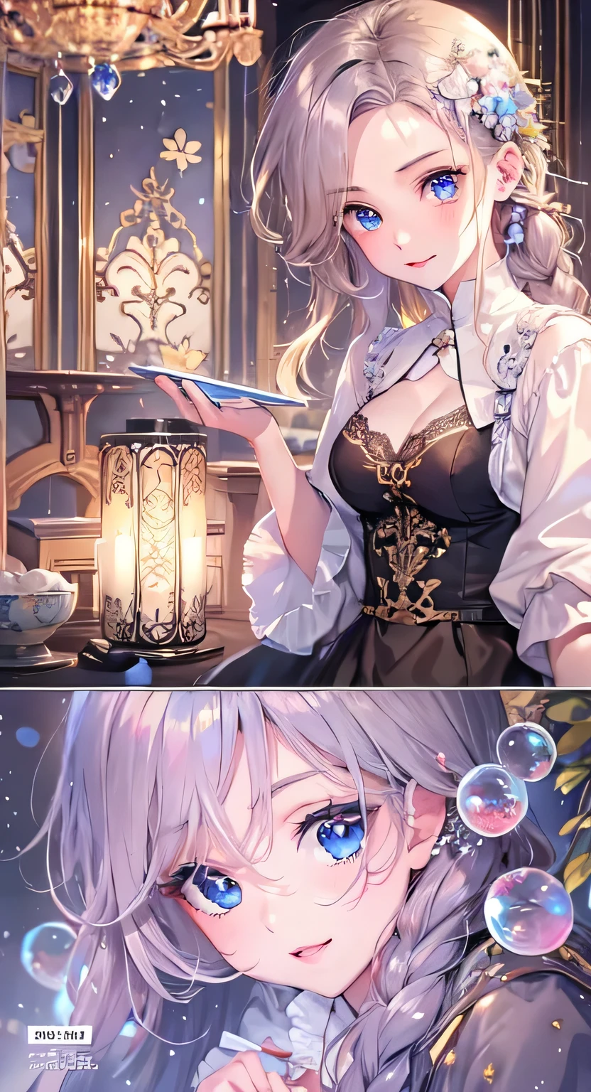 ((highest quality)), ((masterpiece)), (Get used to it), Perfect Face , masterpiece、highest quality、High resolution、High-quality images、8k, 1 female、Skin Radiance、Texture of skin and clothing、Expression of fine eyes、Shiny bright golden hair,Girl with long braided hair, Manga inspired by Lee Jong-suk, Trending on deviantart, realism, detailed manga style, Manga art style, Perfect Line Drawing, Beautiful line art, digital manga art girl, K-POPアイドル, Beautiful Blue Eyes, Lips become thicker, Gorgeous face with attention to detail, (Cute Smile), charm, Innocent, Side view, (Perfectly detailed face), (Beautiful Hands) Photorealistic images, Written boundary depth, 20th Generation ,beautiful girl , Soap bubbles , Lace dress , Medium Chest , protruding shoulders , I can see her cleavage , Soap bubbles , There are lots of soap bubbles in the background ,