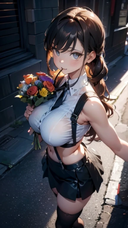 (from above:1.2),(from side:0.9), ((Face)), (Close-Up:0.4), ((looking at viewer, holding a bouquet to his mouth)), highest quality、(real、photorealistic:1.4)、(RAW photo:1.2)(Curve,Model,glamor:1.5),Beautiful breasts,Farbe_aberration,beautiful detailed shadow,Beautiful eyes,Beautiful body,Beautiful skin,beautifull hands,(Large_breasts:1.5),Brown hair,watching at viewers,black suspenders,Bulging big,breasts,walls: Black miniskirt,garters,Gaze,Small face,bangss,holster,Beautuful Women,hands up,leg holster,Gaze,black boots panty shot, provocation,flank,flank sweat soio,arm, pose muy sexy"