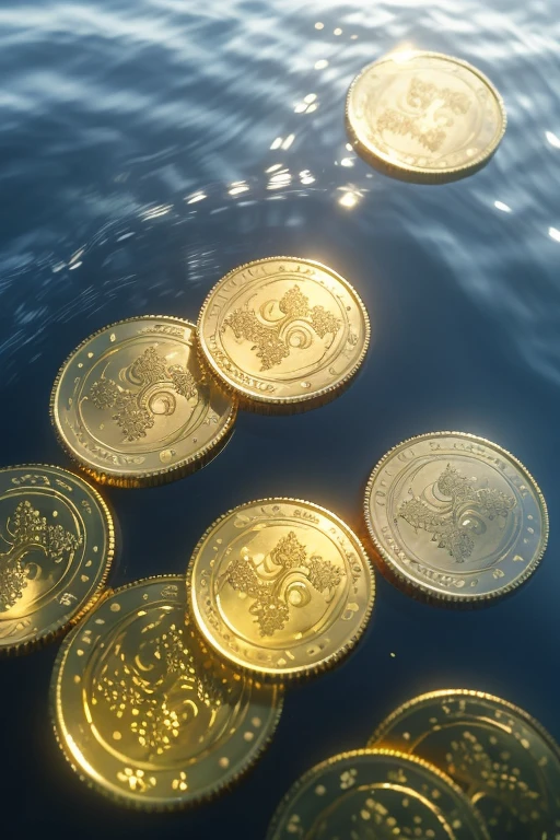 Golden coins gracefully float on the tranquil, light pink and gold surface of the water, creating a captivating money themed scene reminiscent of the golden age aesthetics. This high definition image, captured in 32k uhd and presented in a 9:16 aspect ratio, showcases the coins in intricate detail, with their intricately designed patterns and shimmering gold finish reflecting the sun's rays. The water's gentle ripple effect adds a sense of dynamism to the otherwise still scene, while the soft lighting casts an ethereal glow over the overall composition. This masterpiece, with its immaculate 8k resolution and detailed, realistic