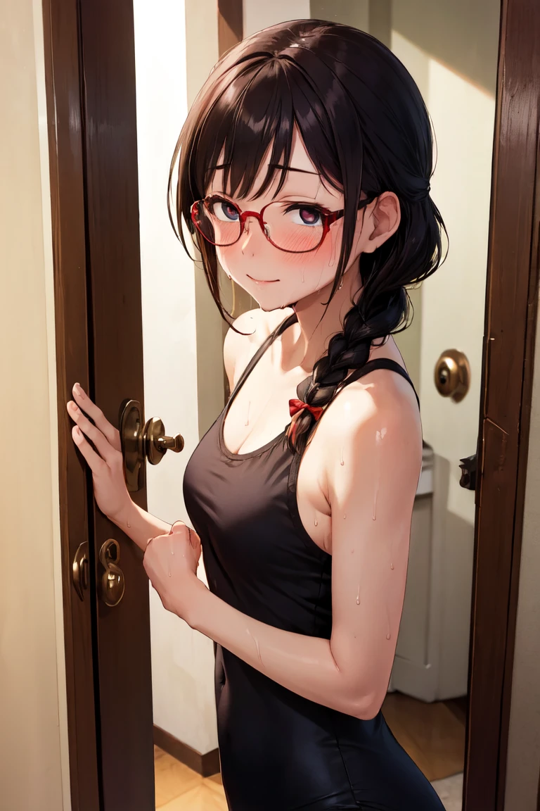 masterpiece, best quality, satou sakie, glasses, wearing red tanktop shirt, red pants, looking at viewer, large breasts, upper body, portrait, looking at viewer, parted lips, smile, both hands raised, armpits, armpits visible, sweaty armpits, from bottom