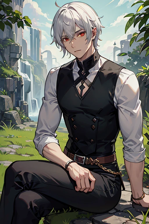 half orc, man, green skin, red eyes, short white hair, sitting, white long sleeve shirt, black pants, black boots, black long vest , green skin, green face, green hands