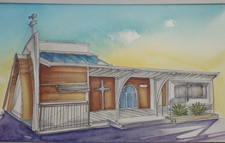 Ultra-realistic 8k, hd image quality, sharp detail, 2-story modern Church , main materials: white walls, wooden ceiling accents, large glass windows, roads, cars, sidewalks, American Palm trees high, has a small alley, located in a residential area, modern style, shimmering sky, sunset light, feels peaceful, beautiful, close and warm, ((Warm light from indoor:1.3)), (daylight:1.2), perfect lighting,dynamic light,2 large glass doors,((1 large glass window:1.3)), (night light), (colorful flowers in front of the house)