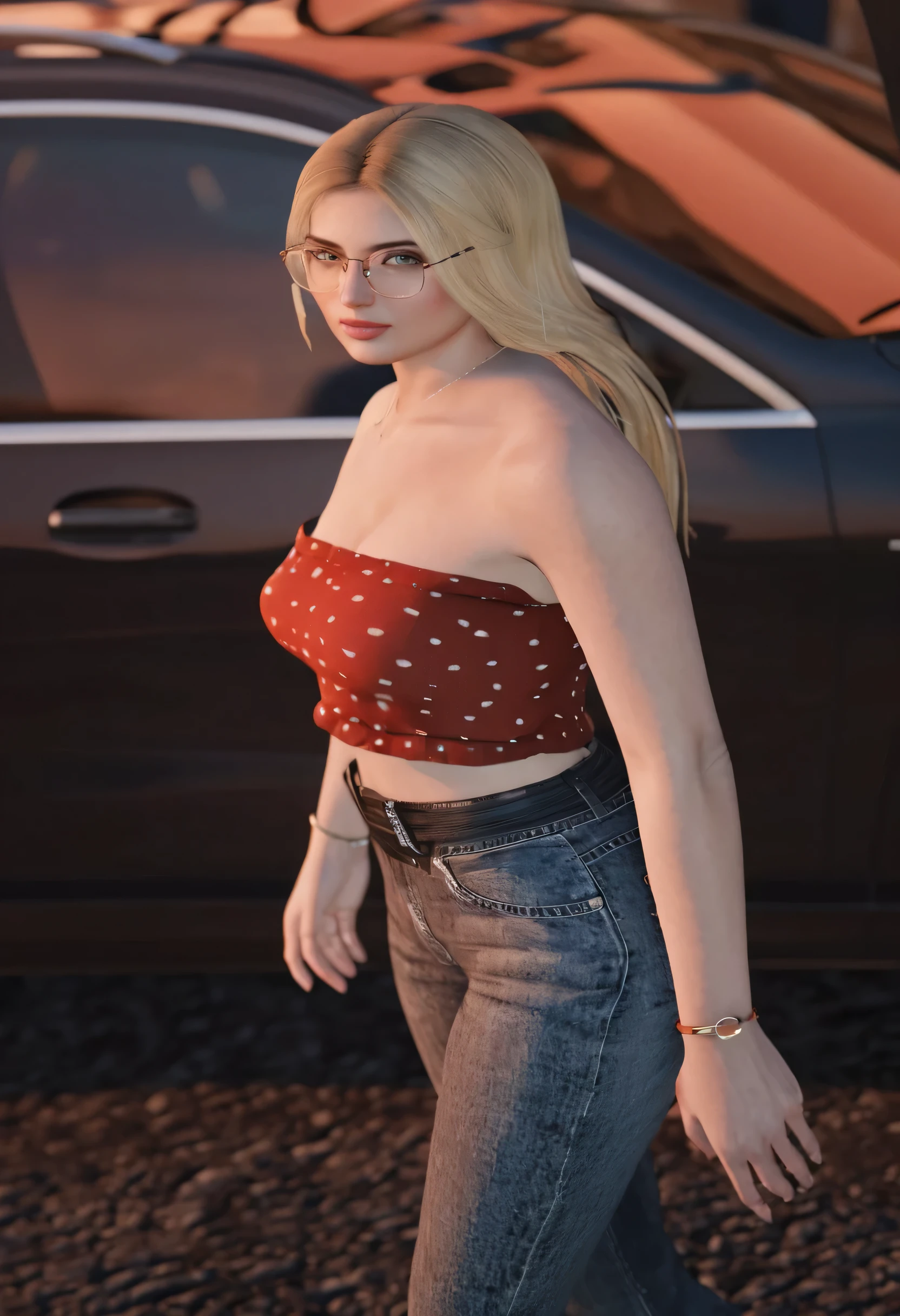 araffe woman in a red top and jeans walking next to a car, wearing a sexy cropped top, extra realistic details, ultra realistic details, [ 4 k photorealism ]!!, ultra realistic detail, semi - realistic render, photorealistic details content, close up half body shot, hyper realistic style, photorealistic details, ultrarealistic details