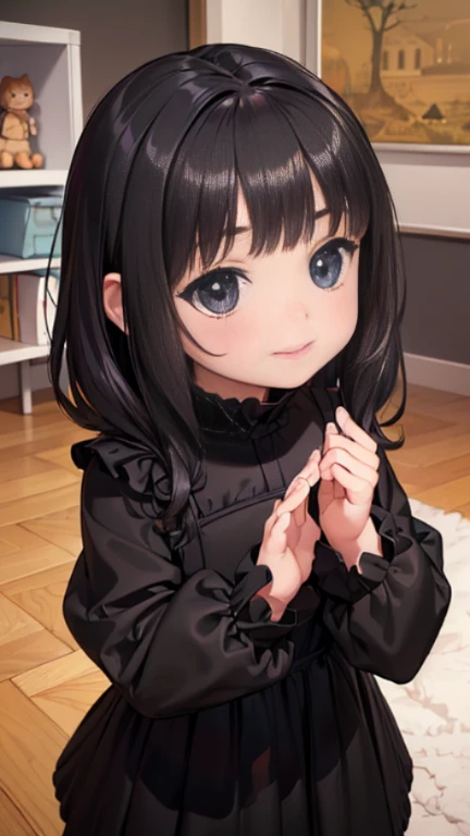 ((masterpiece)),((highest quality)),((Anatomical)),((Realistic)),((Detailed Description)),((cute)),((((cute children's room)))),(((1 ))),((Beautiful Eyes)),((Baby Face)),((((Bewitching Smile)),(((black mourning clothes))),