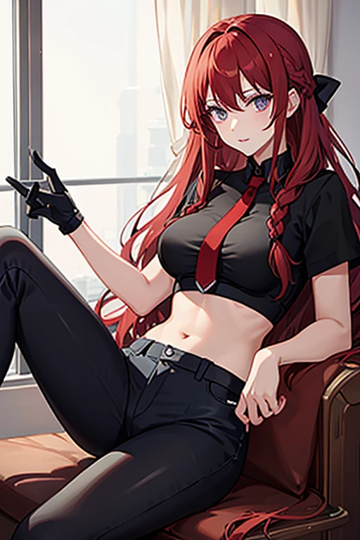 woman with long red hair in a braid, black head bow, purple eyes, red shirt short sleeve shirt, showing stomach, black gloves, black boots, red pants