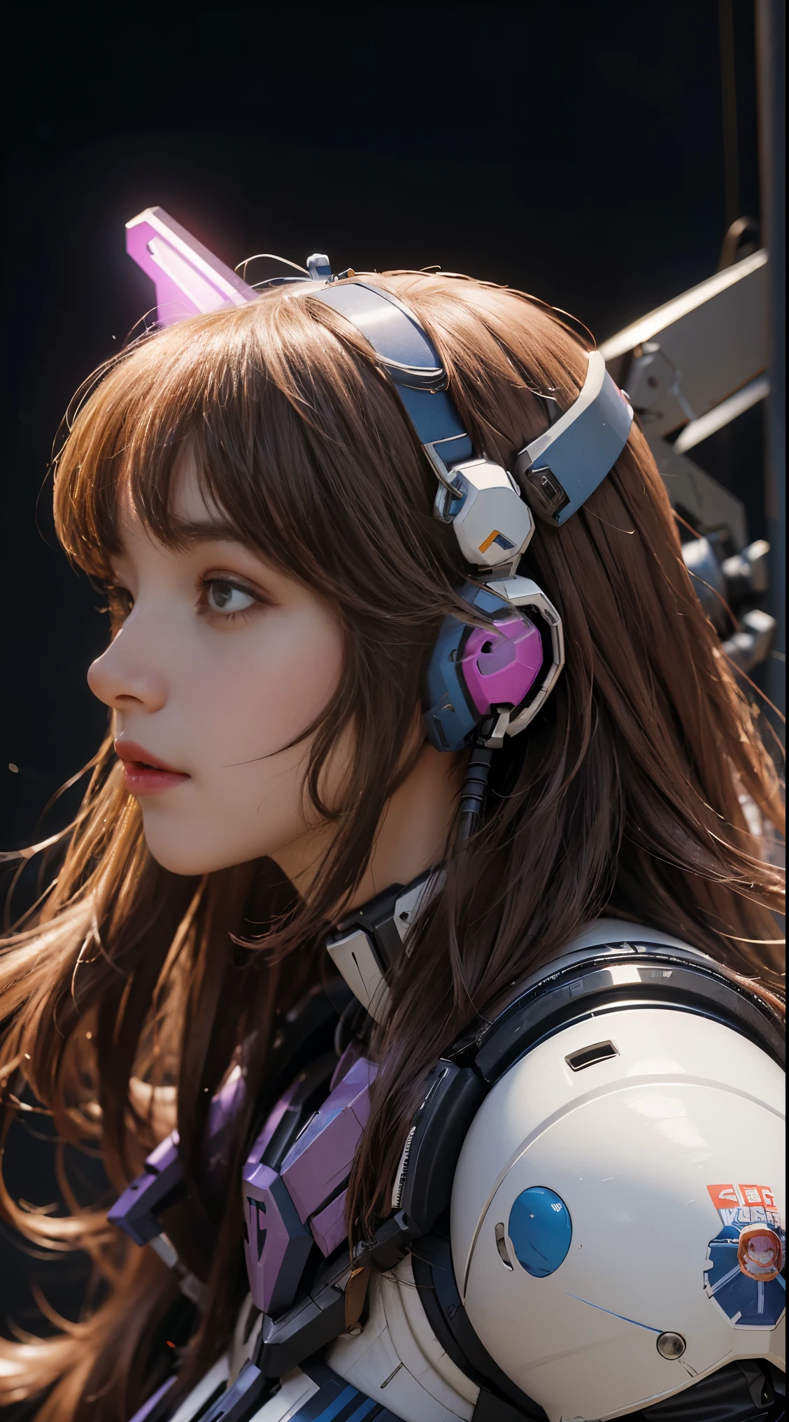RAW, Masterpiece, Ultra Fine Photo,, Best Quality, Ultra High Resolution, Photorealistic, Sunlight, Full Body Portrait, Stunningly Beautiful,, Dynamic Poses, Delicate Face, Vibrant Eyes, (Side View) a close up of a woman in a pink and white gundam custume, dybamic pose, long brown very very long hair rapunzel, girl in mecha cyber armor, portrait armored astronaut girl, d. va from overwatch, female mecha, on a gundam, gundam head, chiho aoshima color scheme, mobile suit, streamlined purple armor, fully robotic!! girl, realistic cosplay, gundam armor (dynamic pose) (best cameraview), full body