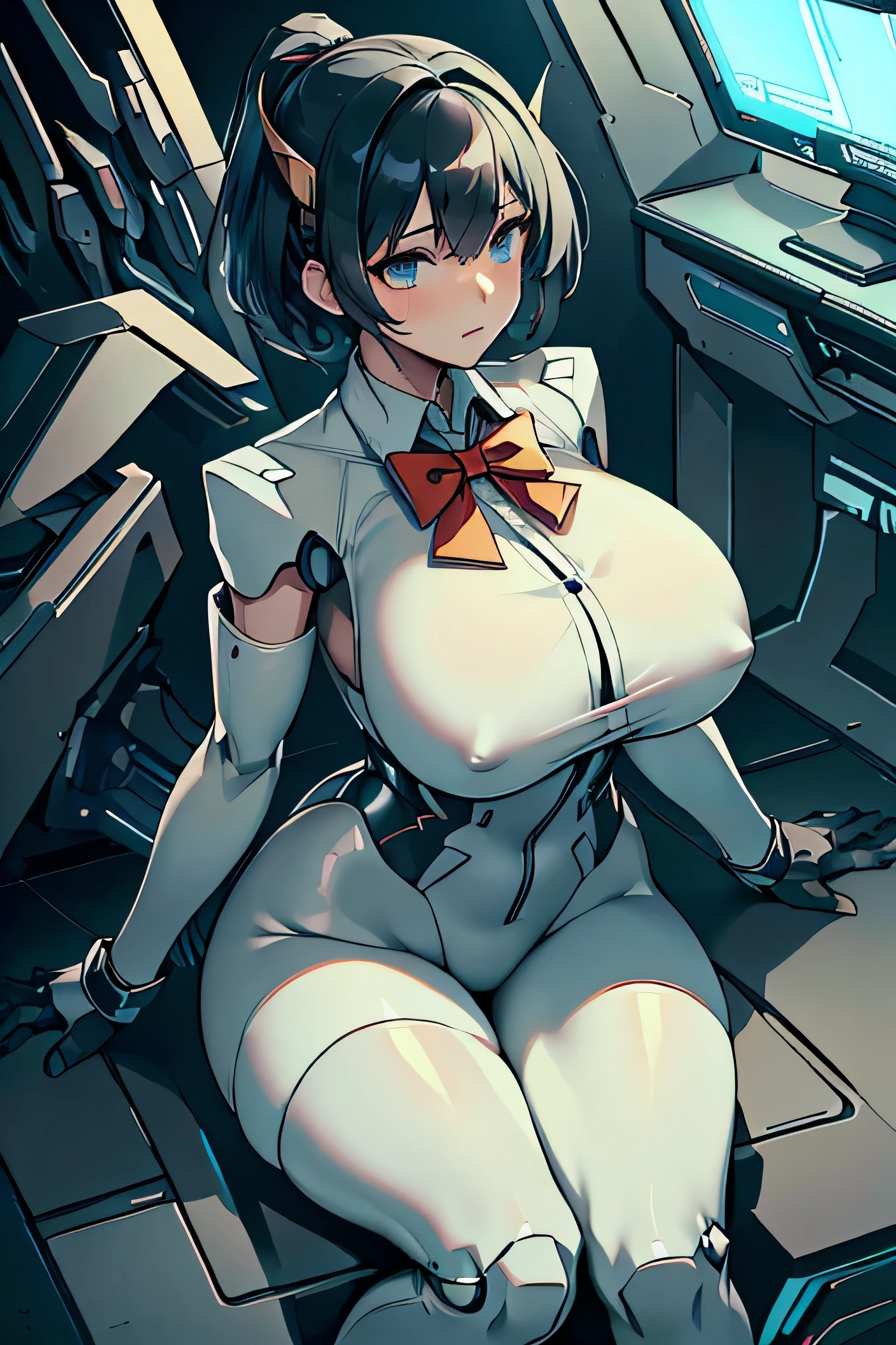 masterpiece , best quality , 1 sexy girl , solo , full body tight suit and bowtie , (covered nipples:0.9) , (gigantic tits:1.2) , (thick arm:1.1) , thick thigh , gigantic hip , (gold hair:1.1) , short hair , (plump:1.1) , robot joint , robot shoulder , embedded in machinery , lying on small sci-fi cockpit , surrounded by sci-fi machinery and monitor , folded , cable attached to the whole body ,spread legs , ahegao ,muscular , suit and tie, formal suit uniform, big shirt collar, formal white dress shirt, formal suit coat, huge giant red bowtie, formal suit clothing, high collar, sex machine, vaginal insertion, machine gun embedded in breasts, gatling gun breasts, gun barrels, breasts are embedded with guns, weaponized breasts, black hair color, black hair, dark hair, fully covered breasts, buttoned white collared shirt, mechanical breasts, artificial breasts, stiff metallic breasts