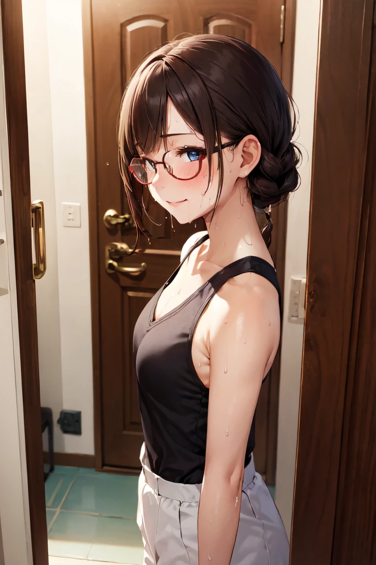 (masterpiece、top-quality、hight resolution、photos realistic、real looking skin:1.1)、Japan girl at 25 years old wearing glasses、full bodyesbian、(very small breasts:1.5)、Beautiful eyes、Shining eyes、embarrassed from、Short side ponytail、no bra、Chest Pochi、(Sheer white tank top:1.5)、is standing、(arms behind back:1.5)、(Bedroom at night:1.5)、(linen child panties:1.5)、nsfw