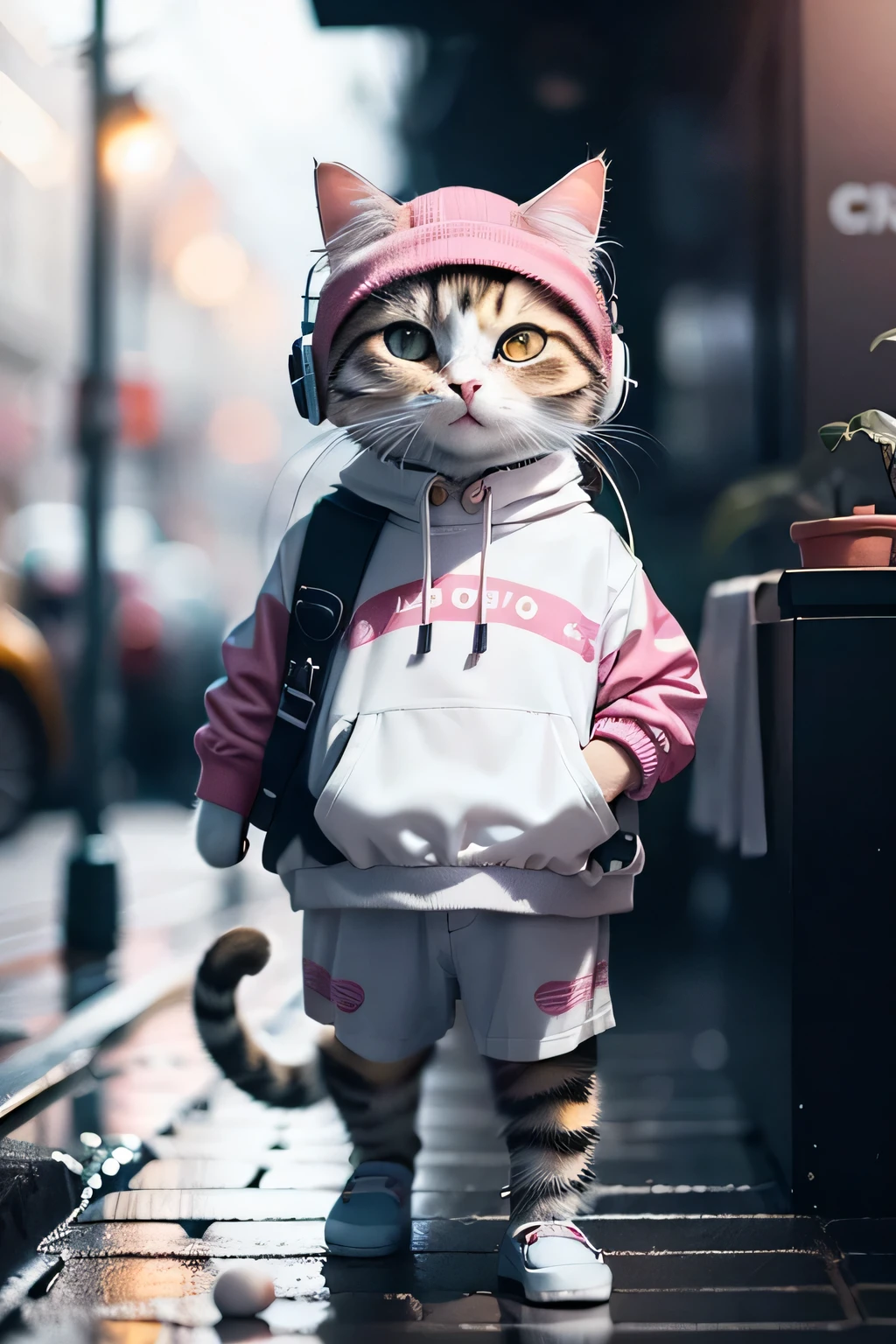 HDR,UHD,8K,Highly detailed,realistic,photo-realistic:1.37, best quality, masterpiece, ((black and white color cat)), light simile, pink wear, standing, solo, full body, toddler, wearing headphones, citypop