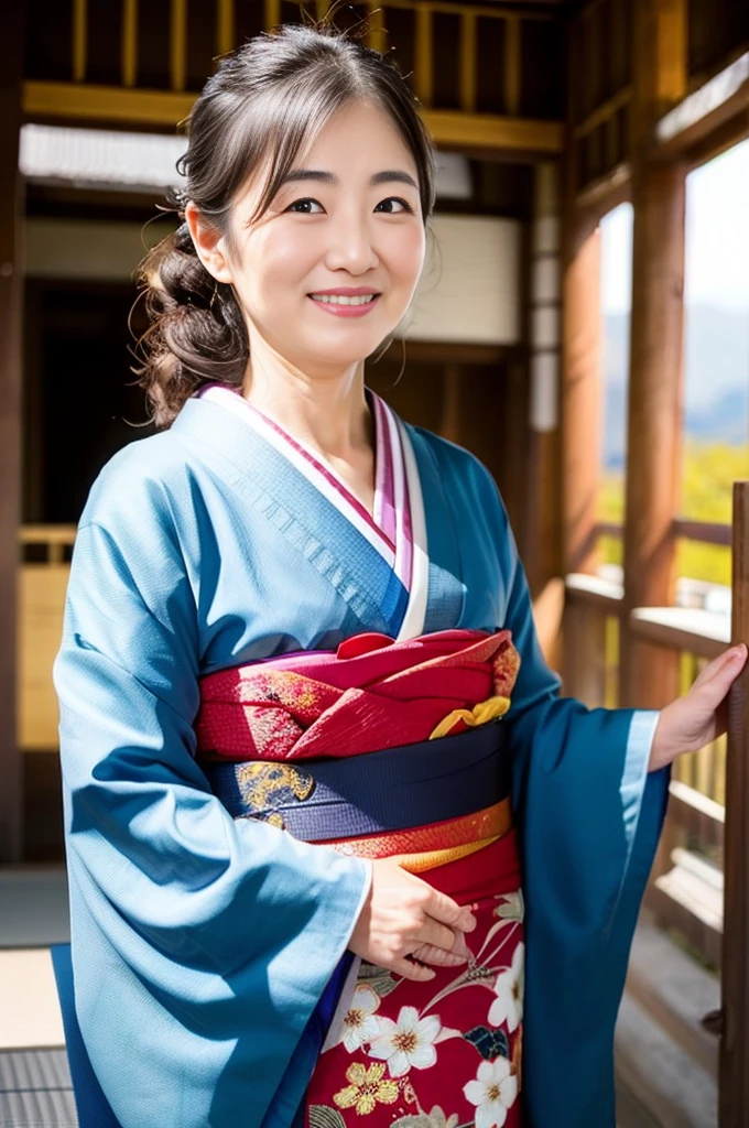 (top quality,masterpiece,ultra-detailed,photo realistic,Textured skin,anatomically correct,1.2),(upper body),kimono,(45 years old),(Japanese mature woman),(Focus on people),Natural eyebrows,flat lighting,(1 girl),smile a little,in kyoto,
