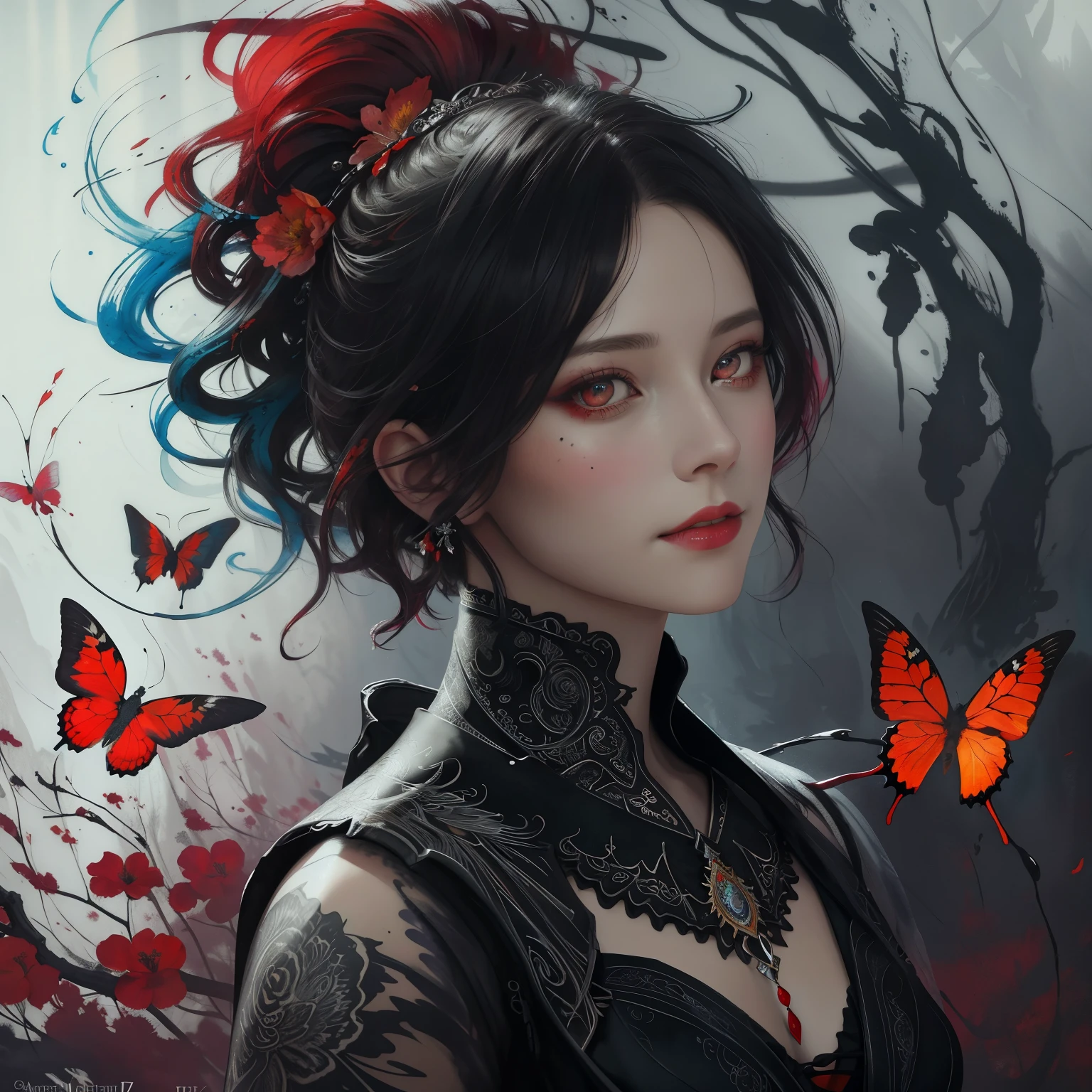 Colorful beautiful woman: Black ink flow: 8k resolution photorealistic masterpiece: by Aaron Horkey and Jeremy Mann: intricately detailed fluid gouache painting: by Jean Baptiste Mongue: calligraphy: acrylic: watercolor art, professional photography, natural lighting, volumetric lighting maximalist photoillustration: by marton bobzert: 8k resolution concept art intricately detailed, complex, elegant, expansive, fantastical, short hair, updo, bloody-red eyes, red eyes, ironic smile, dark butterfly wings