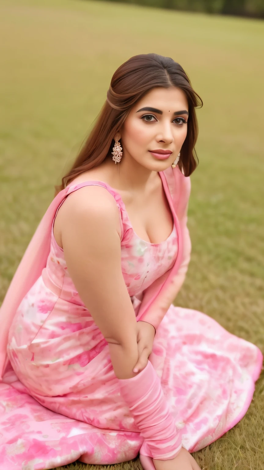 a close up of a woman sitting on the grass in a pink outfit, cute beautiful, very beautiful photo, with lovely look, with beautiful colors, very beautiful girl, some pink, beautiful cute, very extremely beautiful, traditional beauty, * colour splash *, cute woman, dressed in a pink dress, very clear picture, wearing pink floral gown, by Ambreen Butt